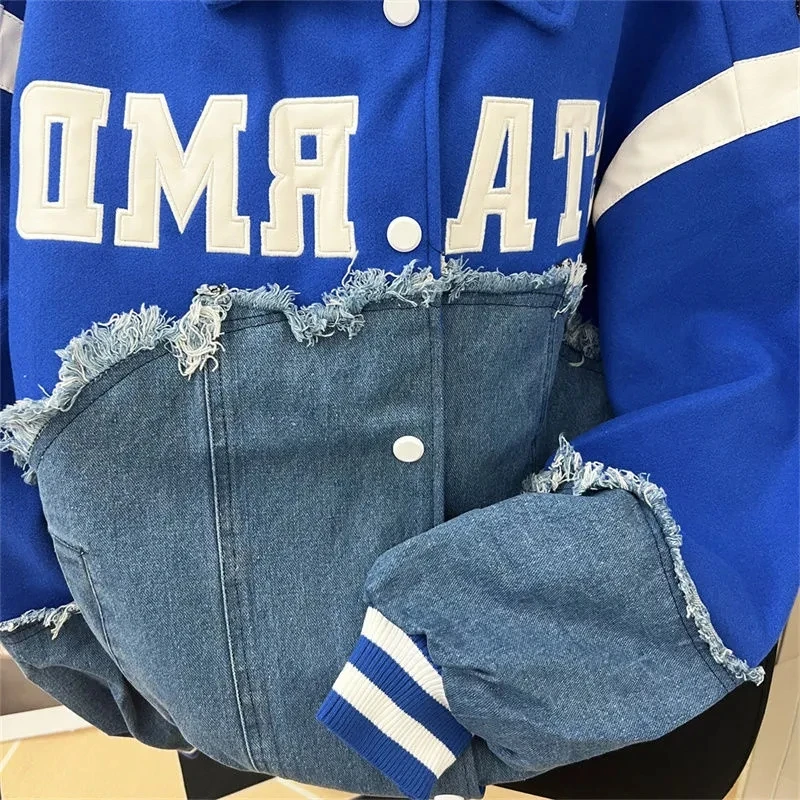 Vintage Denim Patchwork Jackets Men Letter Patch Varsity Jackets Unisex Harajuku Y2K Coat Jeans Outwear Spring Autumn Streetwear