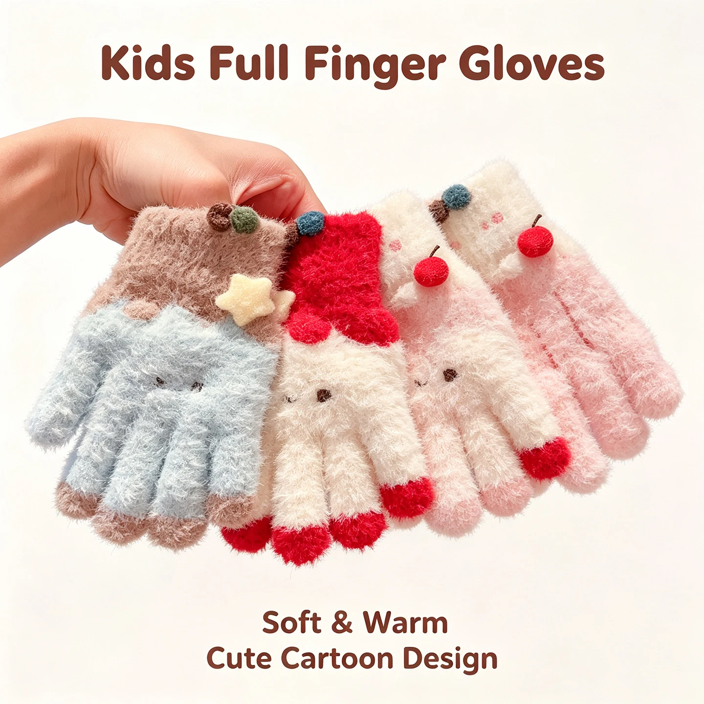 Niedliche Cartoon-Kinderhandschuhe mit Vollfinger-Plüsch, Kirsch-, Geweih- und Stern-Dekor, flauschige gestrickte Handschuhe aus Kunstnerz, warme Winter-Mittens für Mädchen – Detail 1