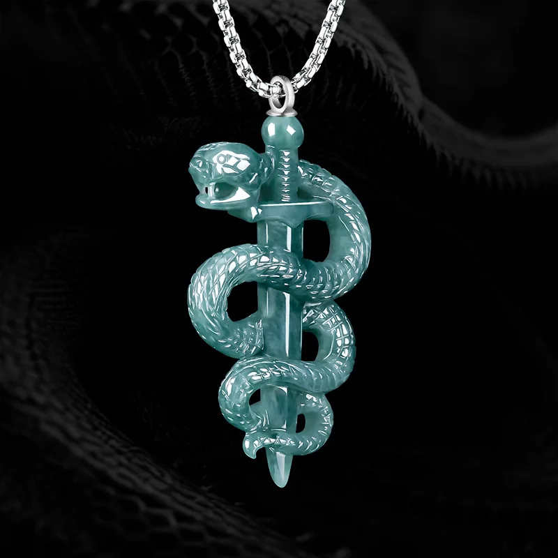 Original Natural A-grade Jade Snake Year Pendant Black Mamba Commemorative Necklace Ice Jadeite Male Female Hip Hop Pendant