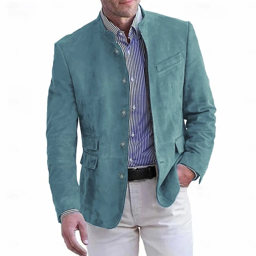 Imagen 1 del producto Otoño Invierno chaqueta Blazer informal para hombre cuello alto manga larga Color sólido botonadura única chaquetas de moda con botones