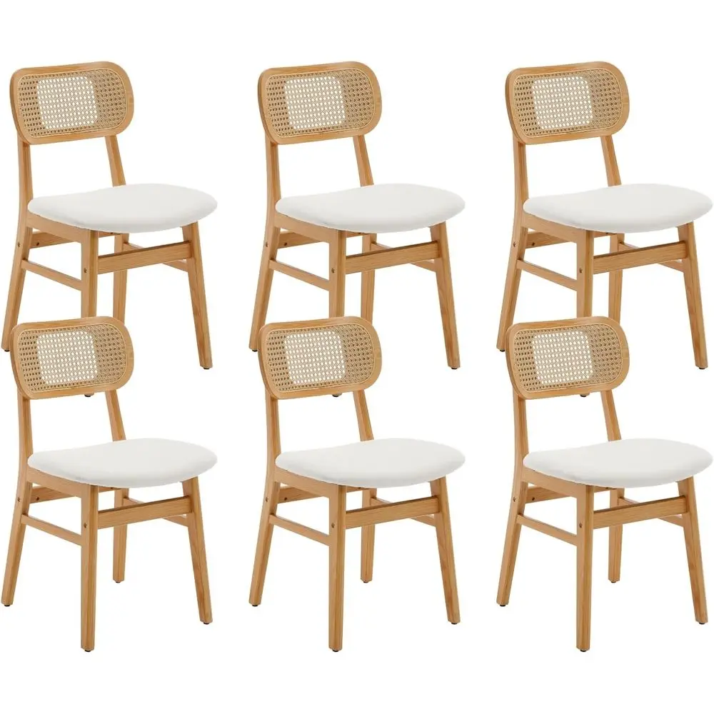 

Set of 6 Mid-Century Modern Beige Rattan Farmhouse Chairs with Cane Backs and Linen Upholstery for Dining Rooms