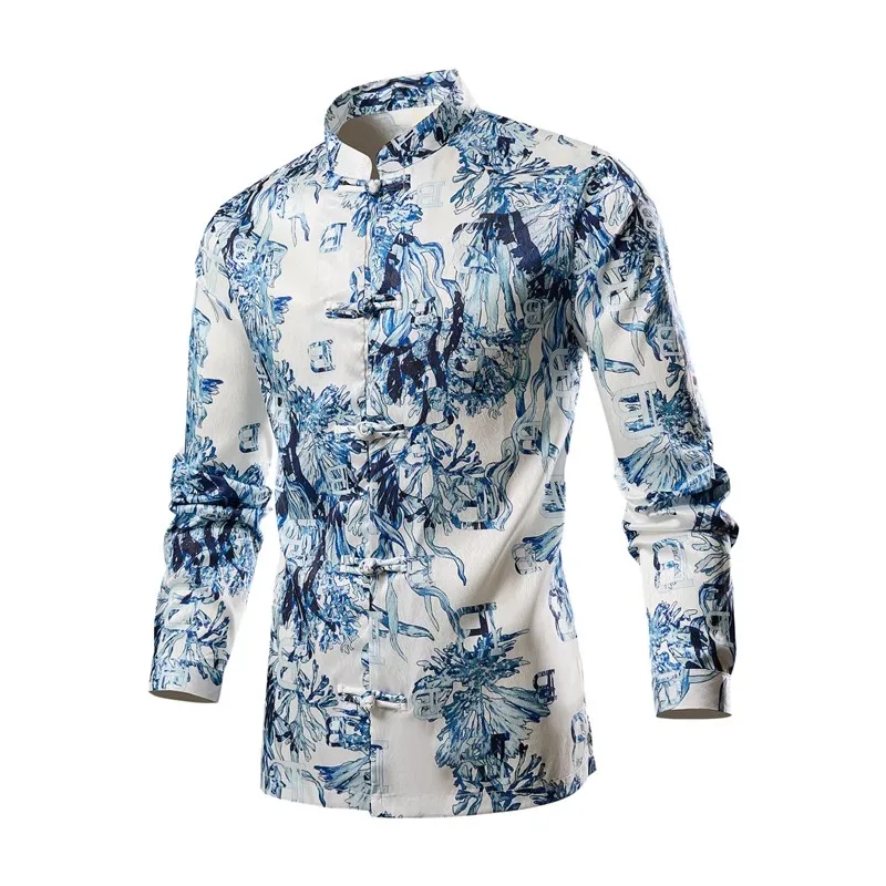 New Chinese Style Print Casual Shirts Men's Long Sleeve Stand Collar Vintage Flower Shirt Male Beach Fashion Blouse Plus Size