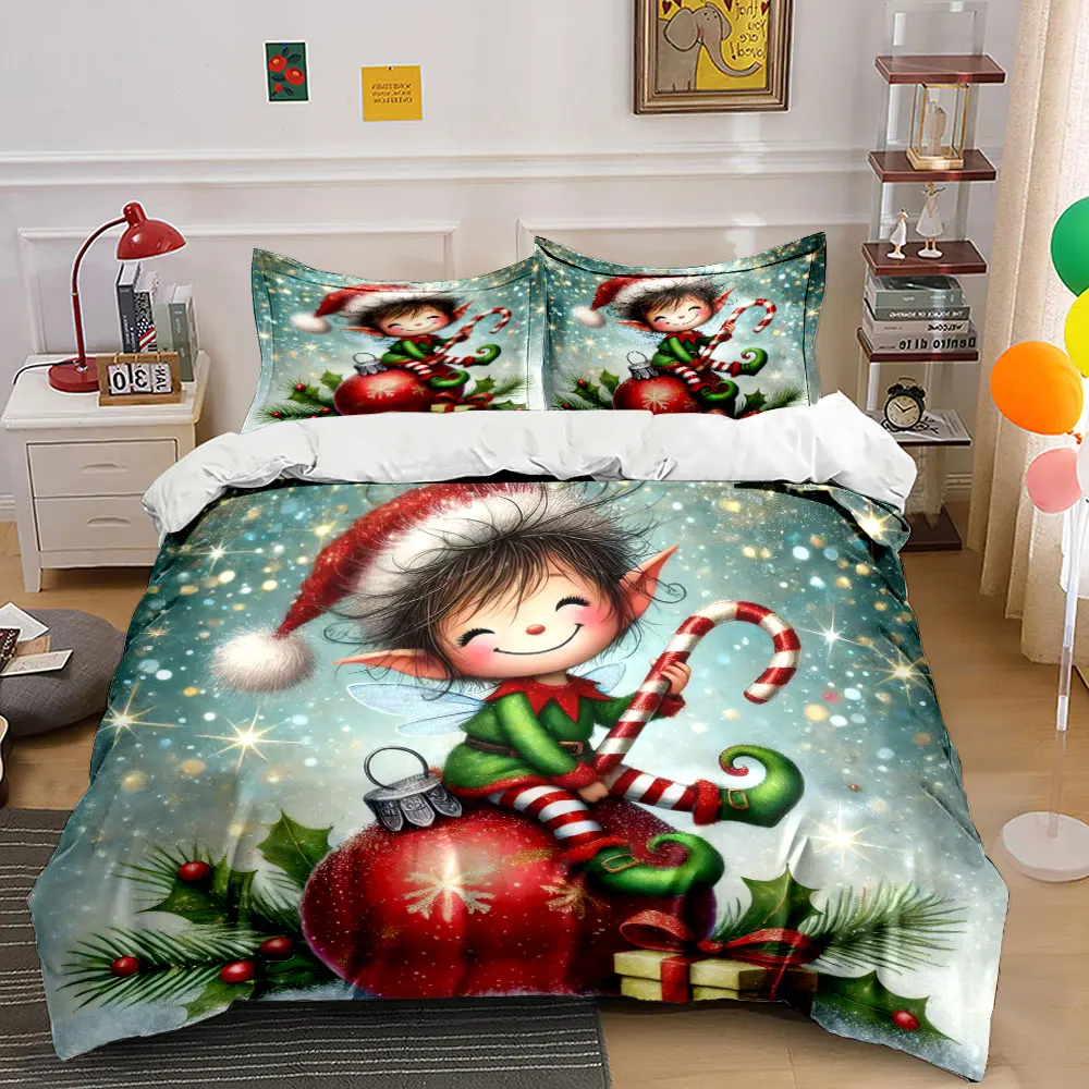 A festive elf sits on a red ornament holding a candy cane. Print Duvet Cover Bedding Set Included 1*Duvet Cover 2*Pillowcases