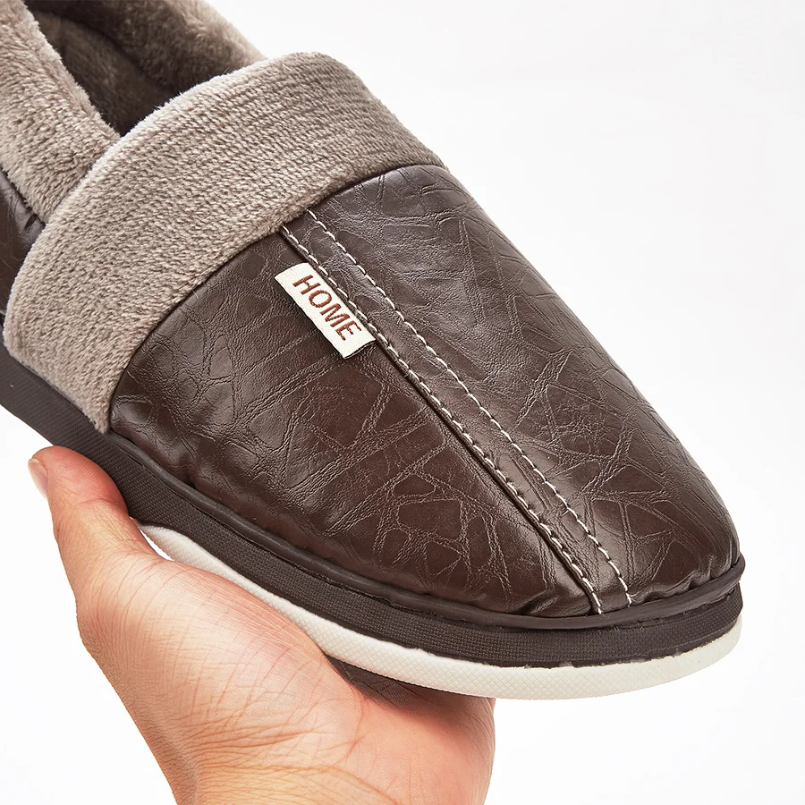 Winter-Herrenhausschuhe mit PU-Obermaterial, wasserdicht und kältebeständig, TPR-Sohle, warme Memory-Schaum-Einlage, rutschfeste, weiche Polsterung, Indoor-Schuhe. – Detail 7