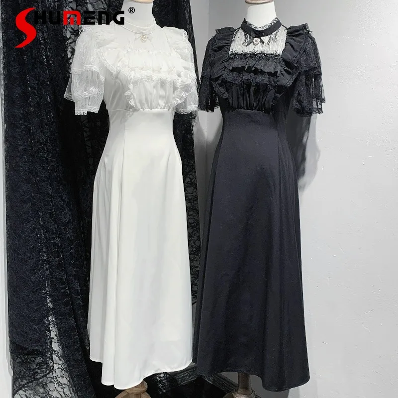 

Japanese Rojita Style Short-sleeved Slim-fit Long Dress Black Color Lace Pearl Bow Spring Summer Party Dresses Women's Clothes