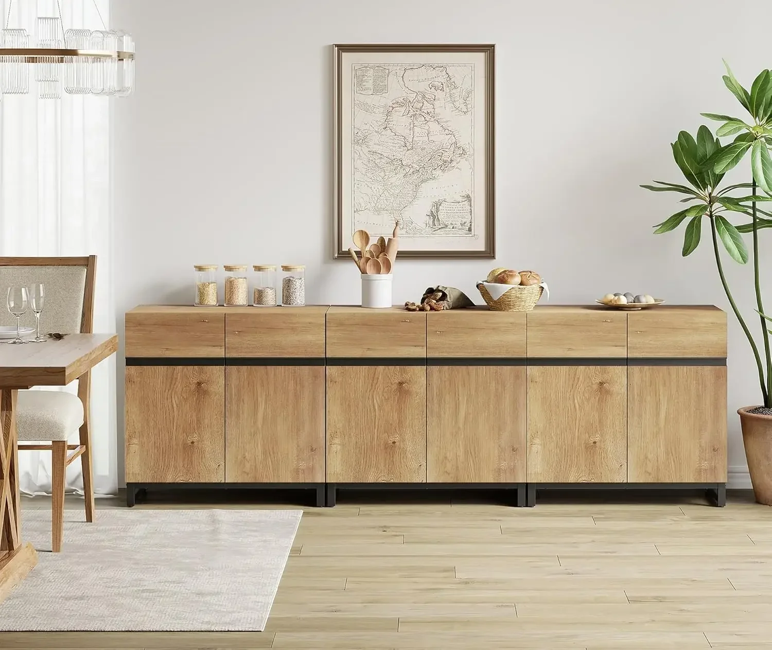 3 in 1 Multifunctional Sideboard Buffet Cabinets, Modern Sideboard with Adjustable Shelf and Metal Base, Oak