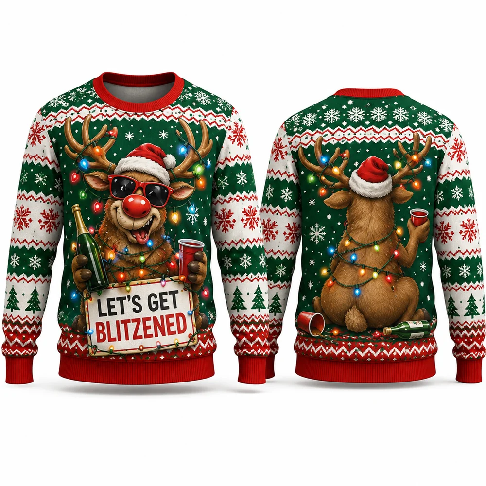 Lets Get Blitzened Reindeer Christmas Sweatshirt 3D Print Crewneck Unisex New Funny Ugly Xmas Party Holiday Jumper Autumn Wear