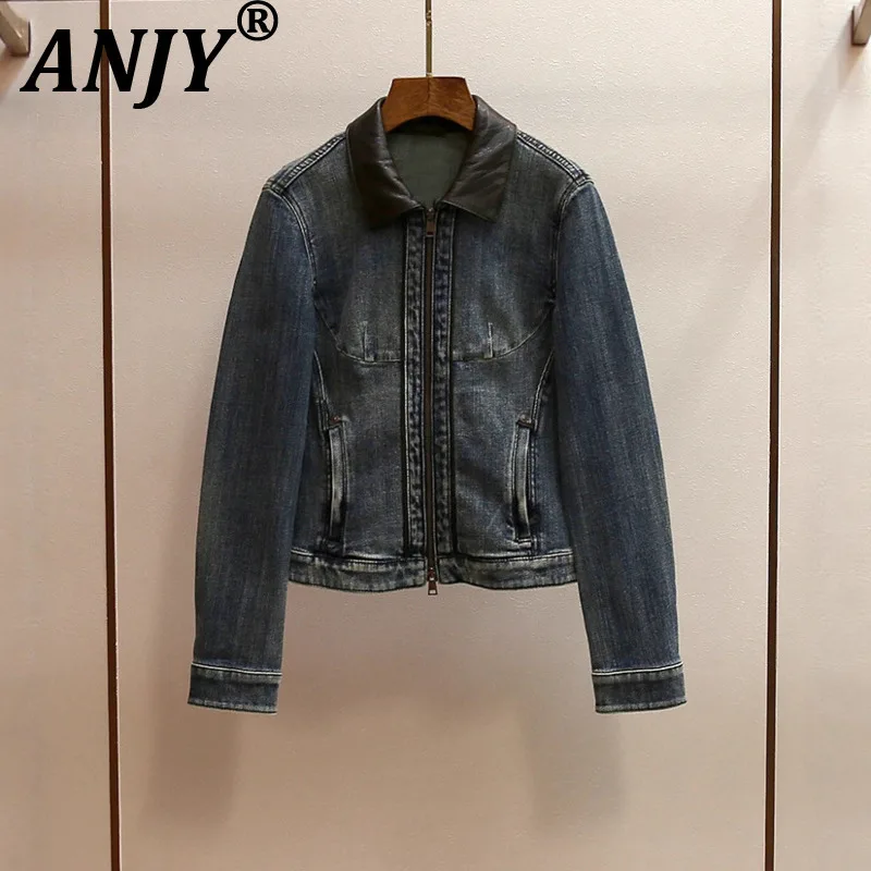 

ANJY, осенняя новая женская одежда, кожаная лоскутная джинсовая куртка в мотоциклетном стиле, высококачественное шикарное пальто с отложным воротником A13239