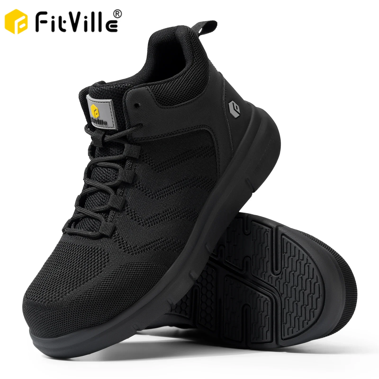 FitVille Men's Safety Work Boots Wide Width Composite Steel Toe Waterproof Antislip High Top Outdoor Shoes for Construction