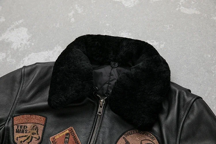 Detachable Natural Fur Collar Genuine Cowhide Men Leather Jacket Patches Flight Jacket Air Force Pilot Coat Winter Bomber Jacket