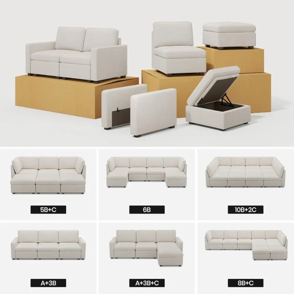 Asiento medio con almacenamiento para sofá seccional modular, sofá tapizado convertible de chenilla sin brazos, beige