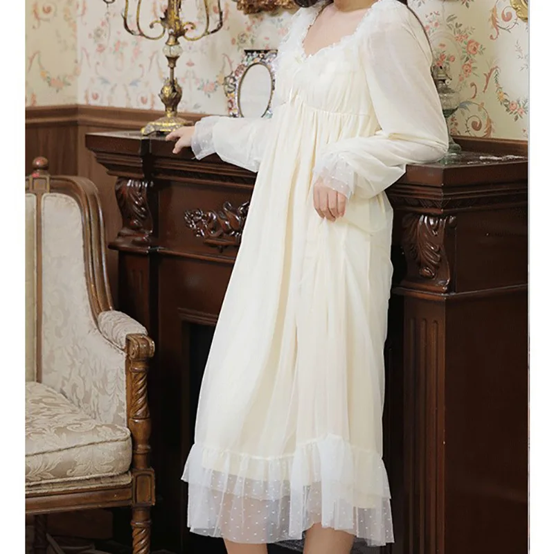 women's-spring-autumn-long-sleeve-french-lace-pure-vintage-princess-pajama-long-dress-with-chest-mat-home-clothing