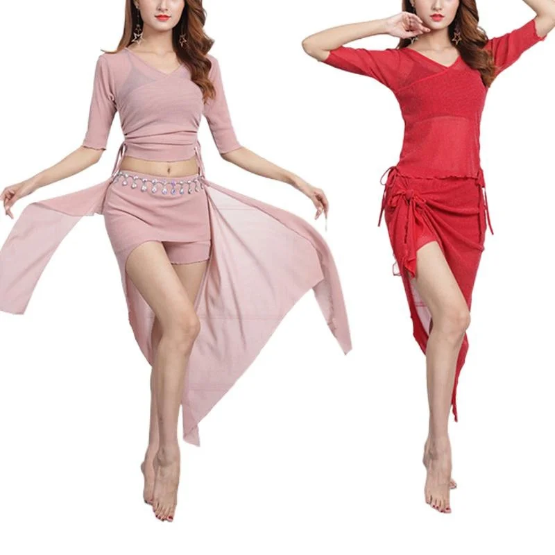 2PCS Women Practice Dancewear Belly Dance Lesson Wear Set Bellydance Korean Dancing Costume Top Spilt Skirt Outfit Clothes Suits