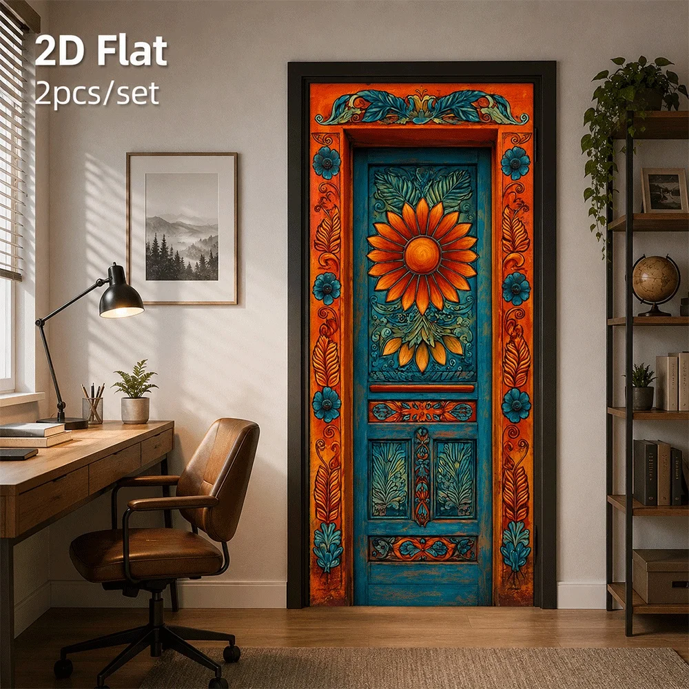1 door sticker inspired by traditional Mexican art style, with a vivid contrast between orange and blue 2D flat
