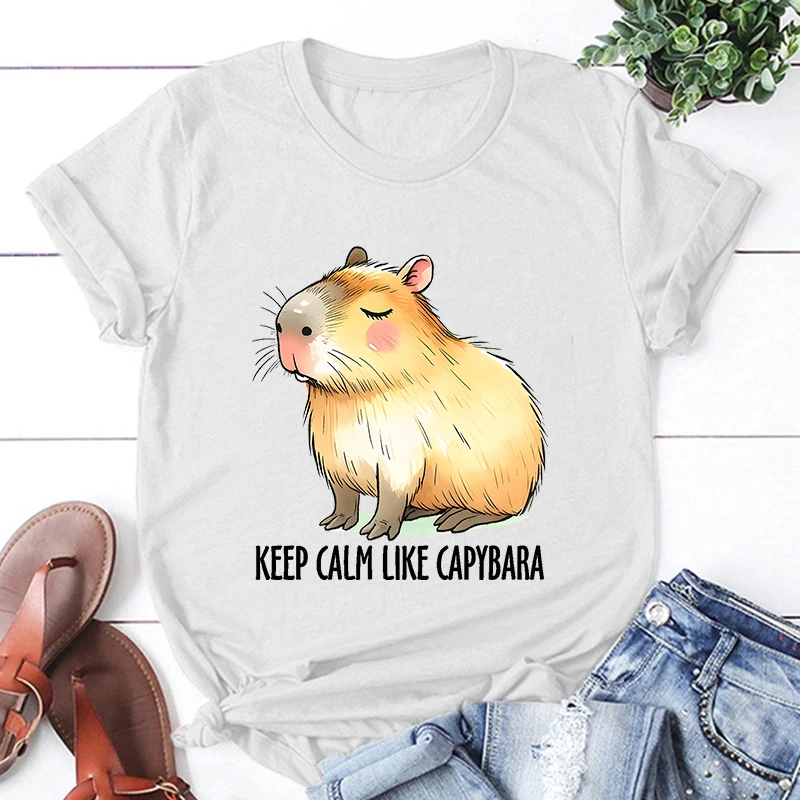 

Hot Keep Calm Like Capybara Printed T-Shirts For Women Summer Short Sleeve Tee Shirts Round Neck Casual Summer Unisex Tops