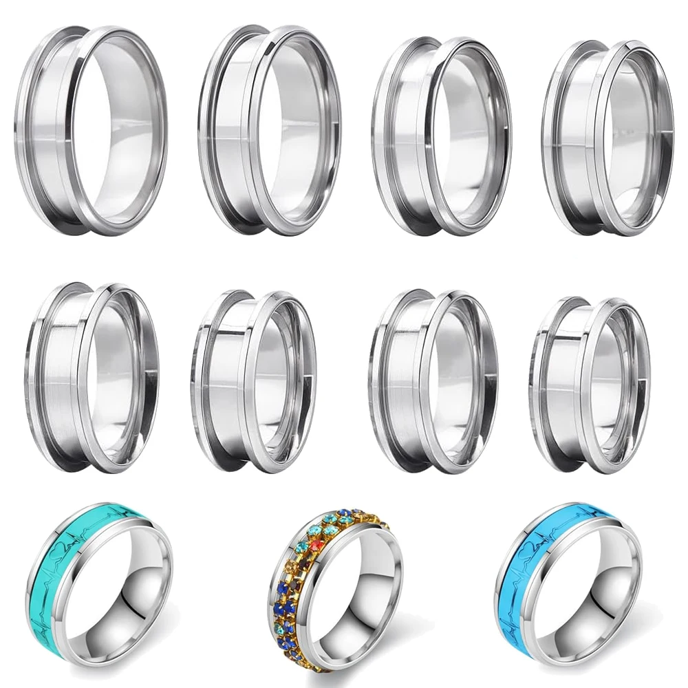 5 piezas de bases de anillo de acero inoxidable redondas con ranura para incrustaciones, tallas US 7/8/9/10/11/12, para fabricación de joyas