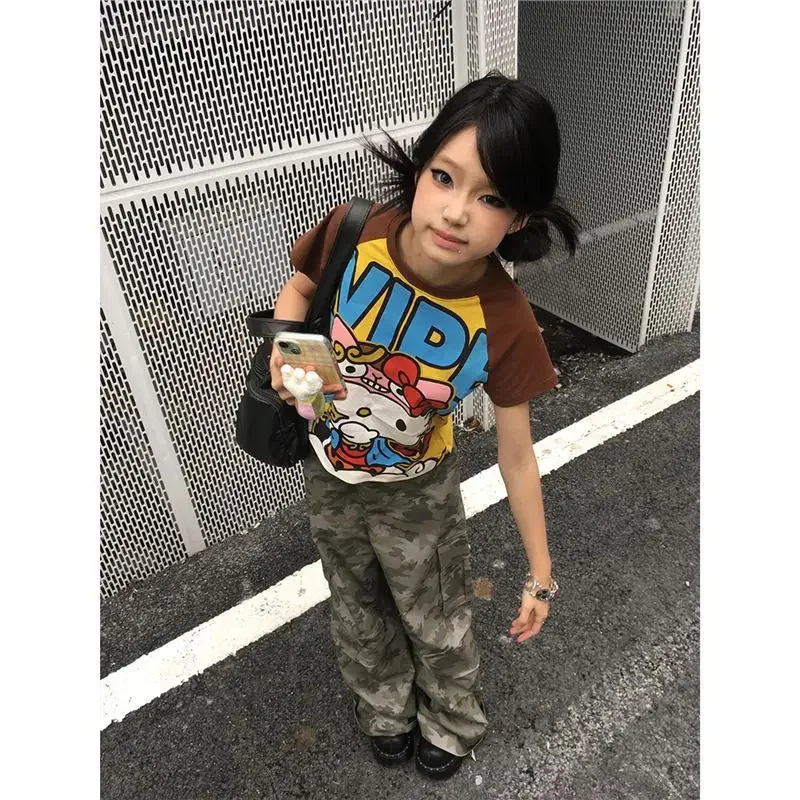 Sanrio 헬로 키티 새로운 애니메이션 패션 짧은 탑 Y2k 여름 귀여운 티셔츠 만화 프린트 하이 스트리트 고딕 반소매 티셔츠