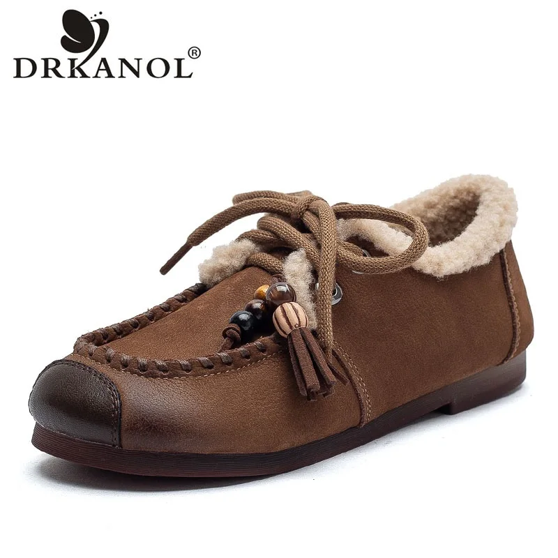 

DRKANOL Handmade Retro Women Winter Warm Shoes Literary Style Genuine Cow Leather Beaded Tassel Fluffy Fur Cotton Shoes H8M12J