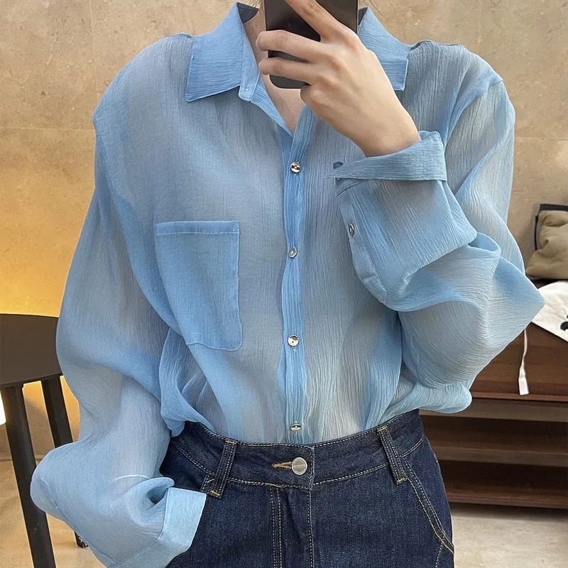 Women's Casual Solid Color Lapel Long-Sleeved Pocket Shirt, Decorative Pleated Design, Loose Thin Shirt, Summer