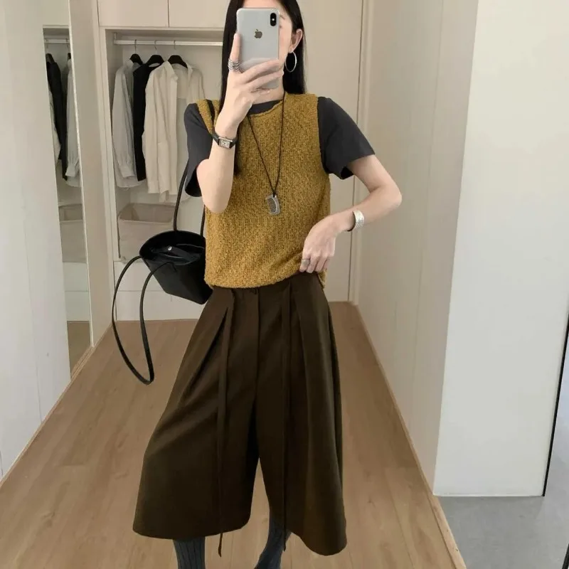 

Winter Casual Pants Simple Casual Double-sided Pocket Wide-leg Pants High-waisted Slightly Elastic Cropped Pants