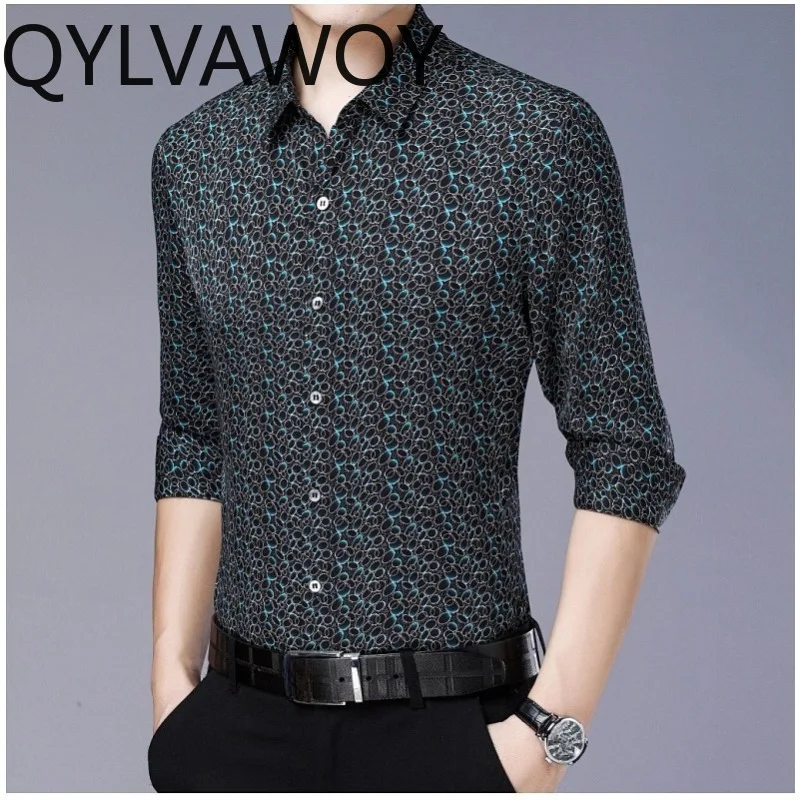 QYLVAWOY 92.5% Mulberry Silk Men's Shirts Long Sleeve Shirt Floral Shirts for Man High Quality Tops Premium Menswear Clothing