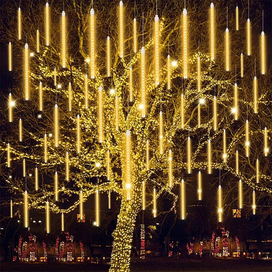 Guirnalda de árbol de Navidad para exteriores, 50CM, luz de lluvia de meteoritos, luz de carámbano de cascada de Navidad para decoración navideña de casa