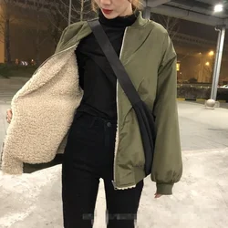 Chaqueta de lana de oveja de dos caras para mujer, abrigo de piel sintética de béisbol con cremallera, suelto y delgado, para invierno