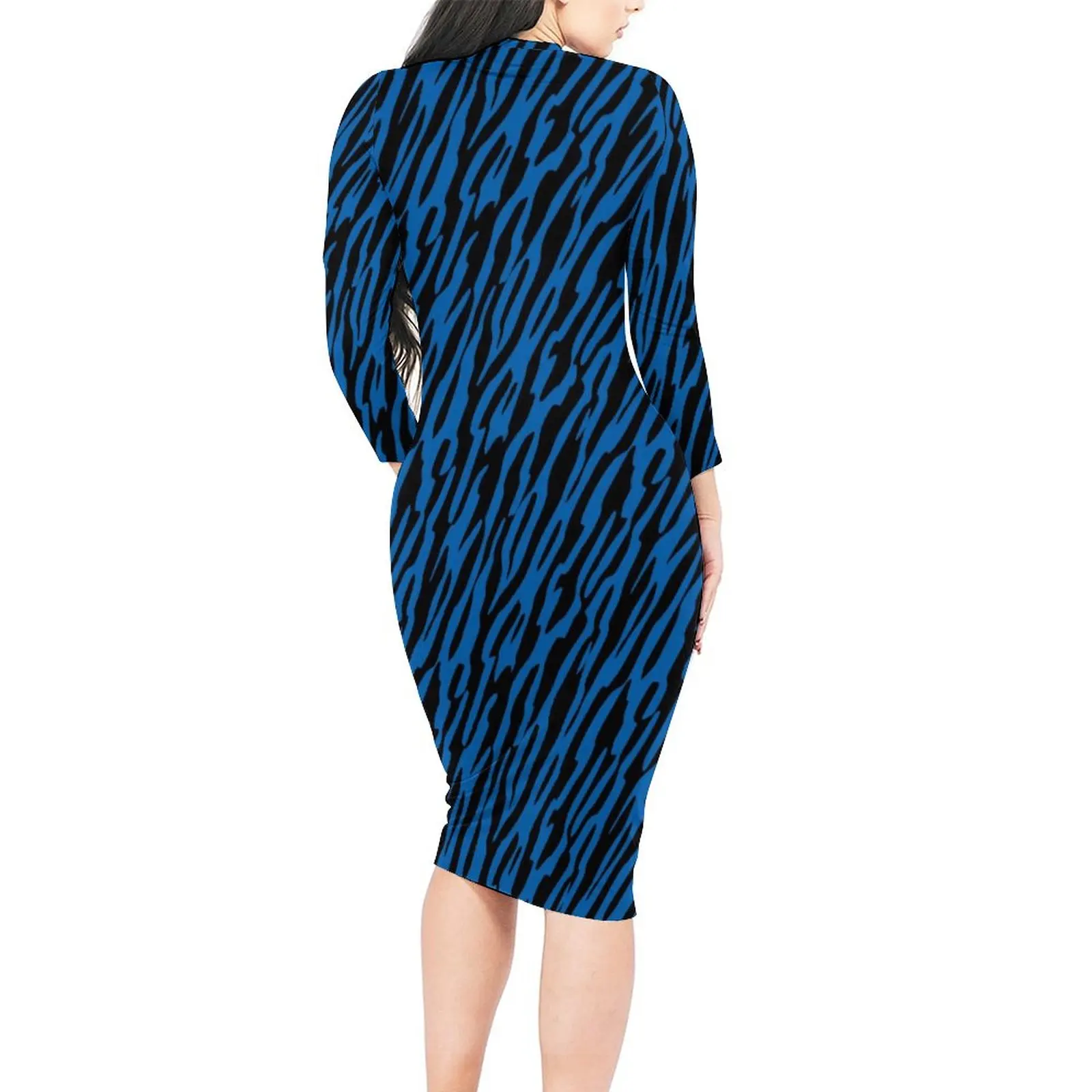 Crazy Zebra Dress Long Sleeve Blue And Black Stripes Vintage Dresses Spring Women Street Style Design Bodycon Dress Big Size 5XL