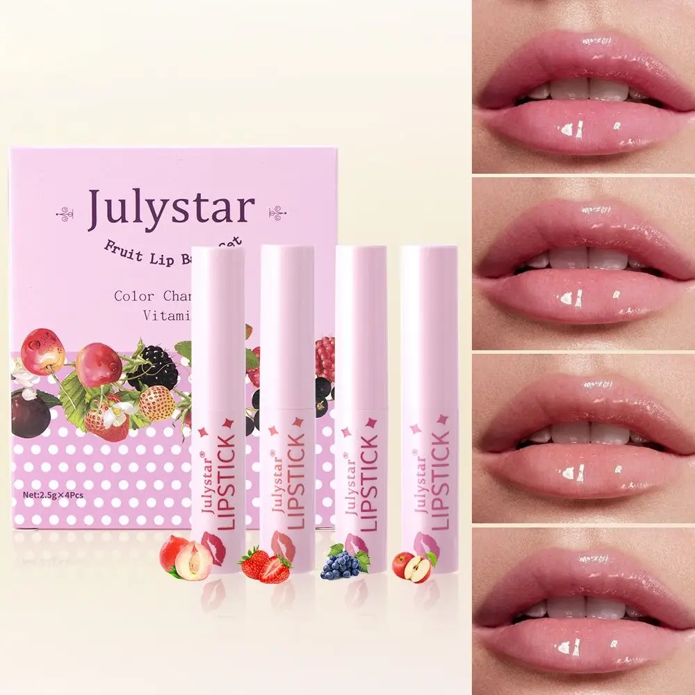 4 Stück feuchtigkeitsspendender, fruchtiger, farbwechselnder Lippenstift mit Vitamin E, langanhaltender Lippenbalsam, feuchtigkeitsspendende Textur, getönter Lipgloss