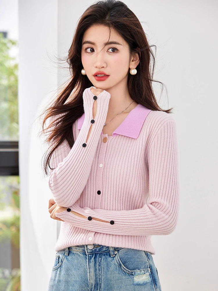 Women\'s Turn-down Collar Cardigan 2024 Autumn New Fashion Long Sleeve Knitted Sweater Chic Slim Fit Tops