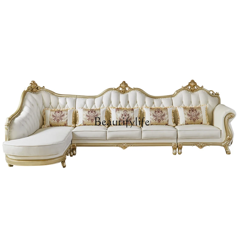 

European leather concubine corner sofa high-end solid wood carving flower L-shaped sofa