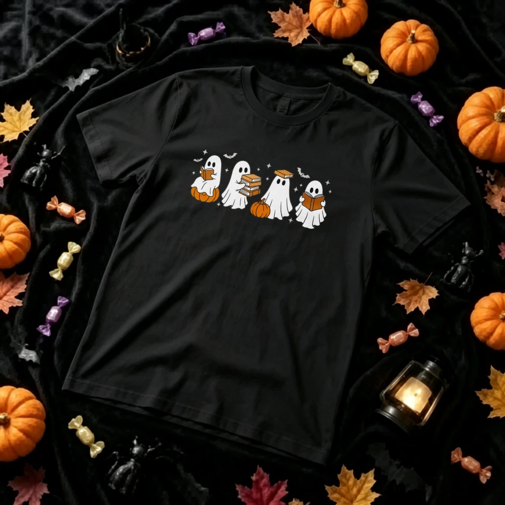 Halloween Book Lover Ghost Graphic T‑Shirt Cute Reading Ghosts Stacked Books Pumpkin Bat Spooky Fall Print Crew Neck Tees Tops