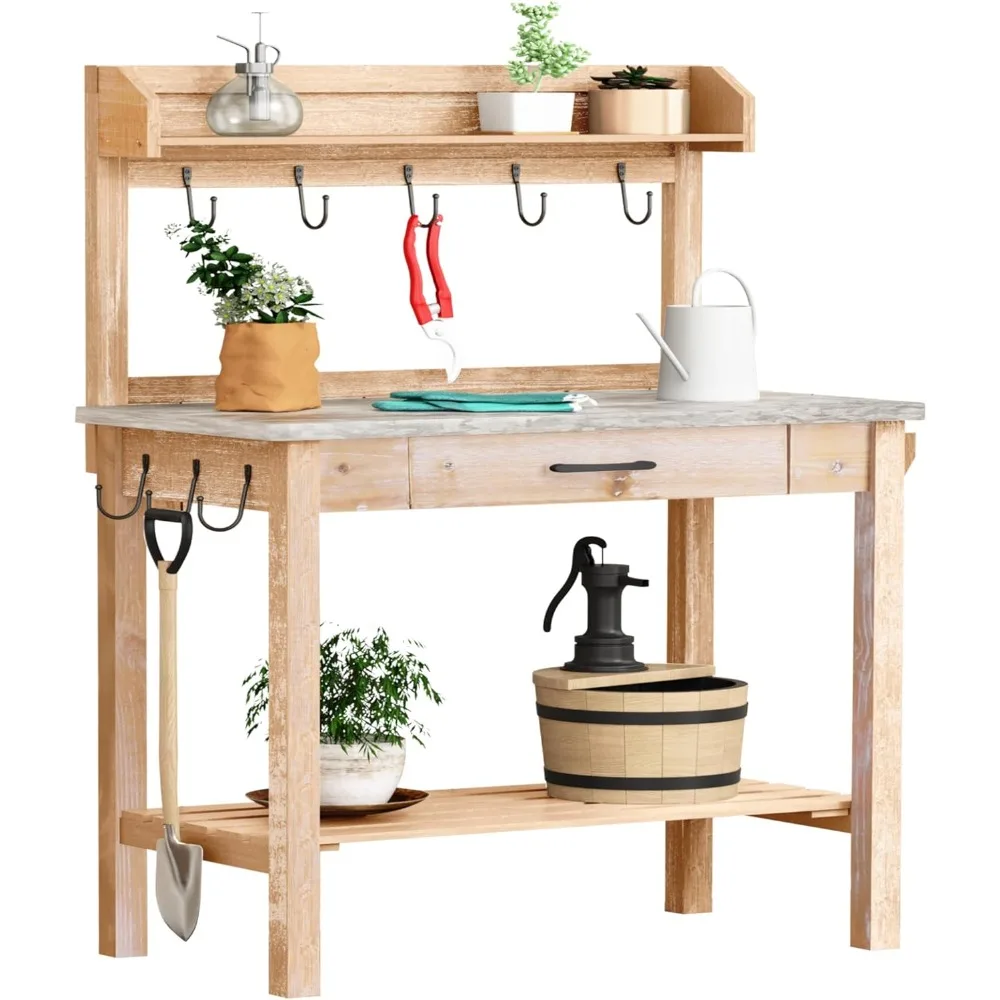 

Outdoor Potting Bench Table with Metal Tabletop, Planting Table Potting Work Station with Storage Drawer and Removable Shelf Rac