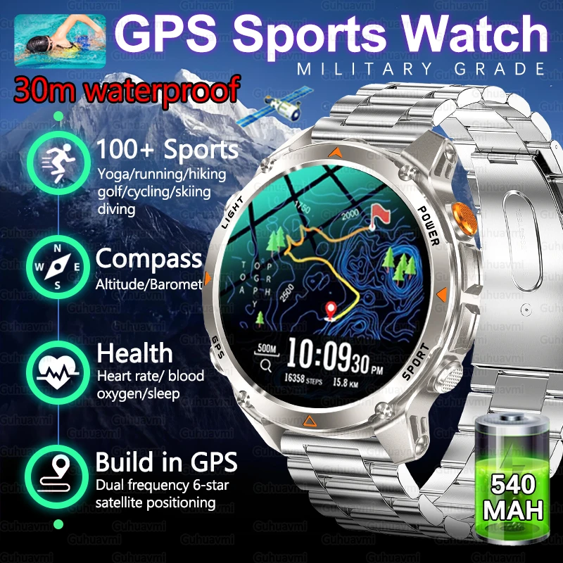 

2025 New Men's smartwatch 30 Meter Waterproof Dual-band GNSS Compass Health Tracking Military Outdoor Sports GPS Smart Bracelet