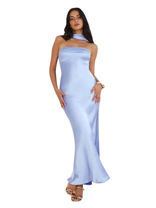 Sexy Satin Strapl Une épaule Dr European Sle Taille haute Bal Jupe longue sans Sve High Quali Polyester M...