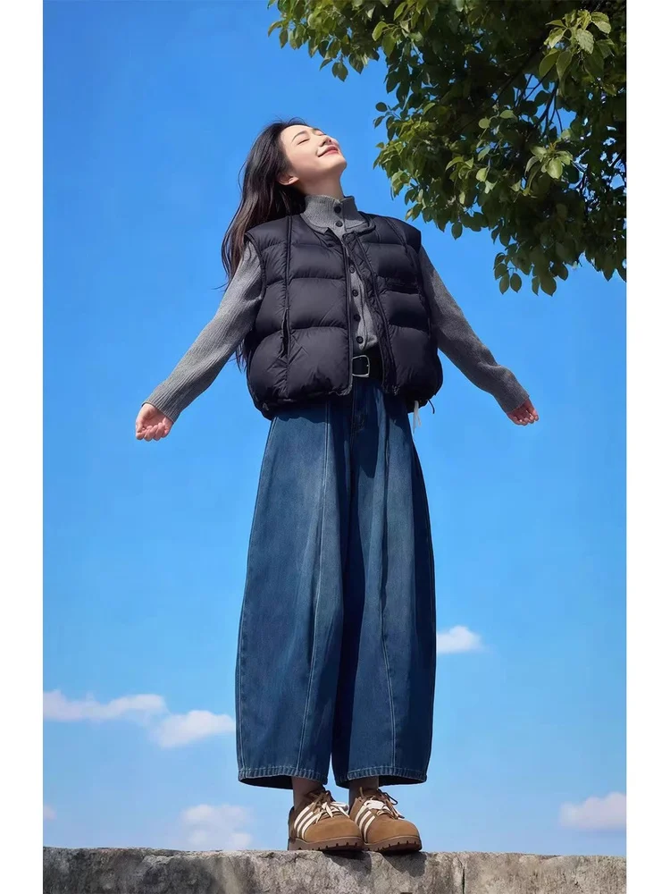 

Warm Knitted Sweater Vest And Wide Leg Jeans Tee Piece Set for Women Casual High Collar Long Sve Autumn Winter Faion
