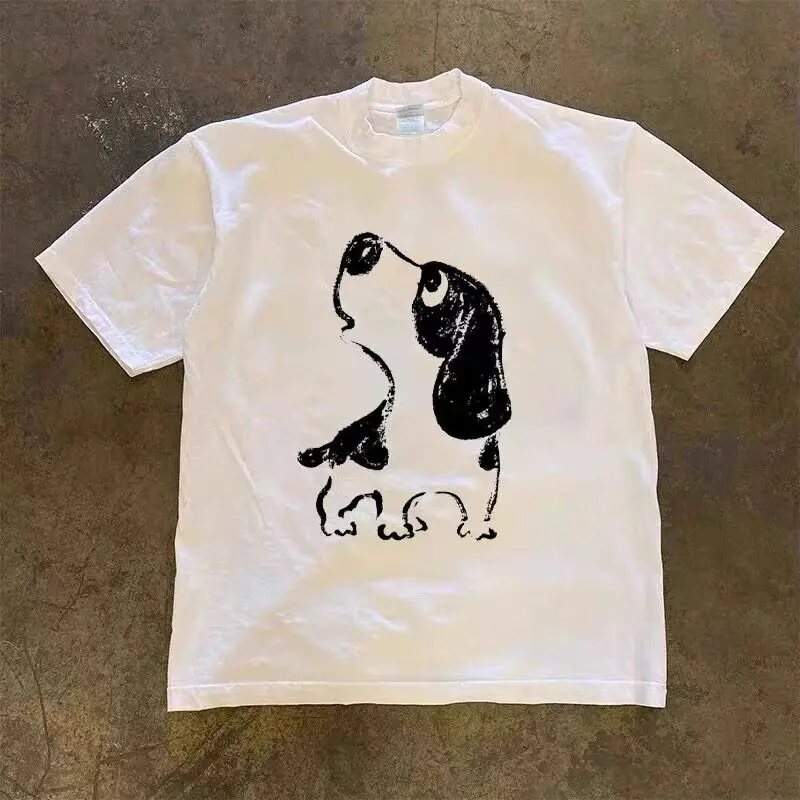Dog Pattern Cartoon Print Men's and Women's Fashion Trend Short Sleeved Summer New Soft Skin Friendly Round Neck T-shirt