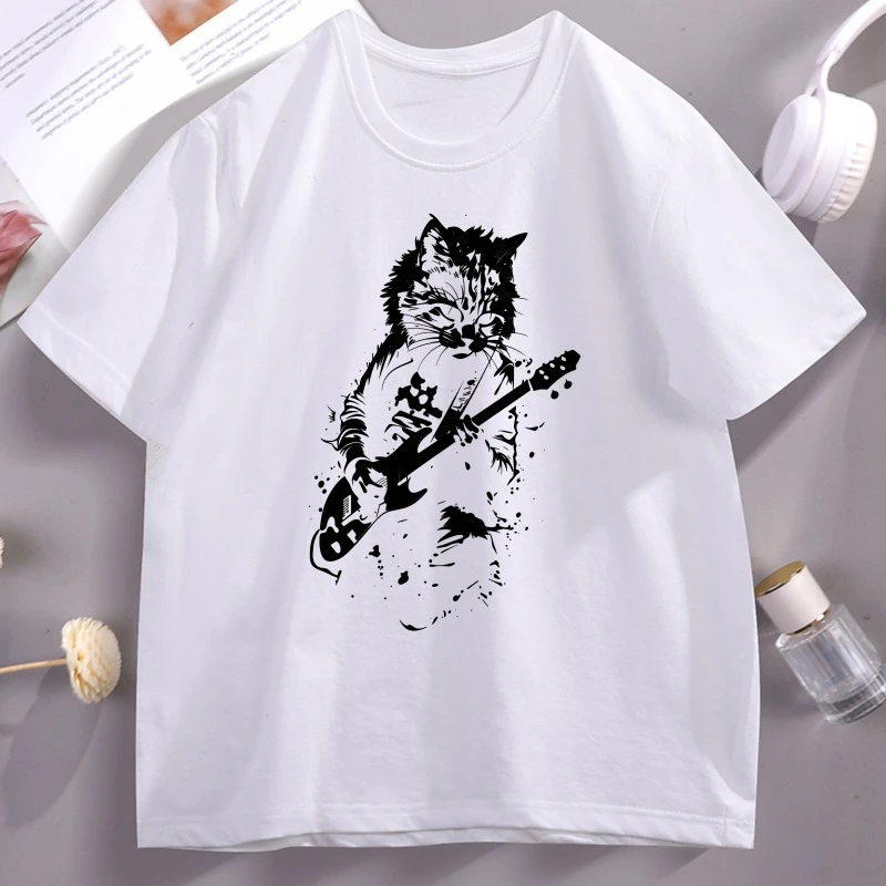 Family Matching T‑Shirt Rock Cat Playing Electric Guitar Front Print Punk Music Streetwear Parent‑Child Loose‑Fit Cotton Tee