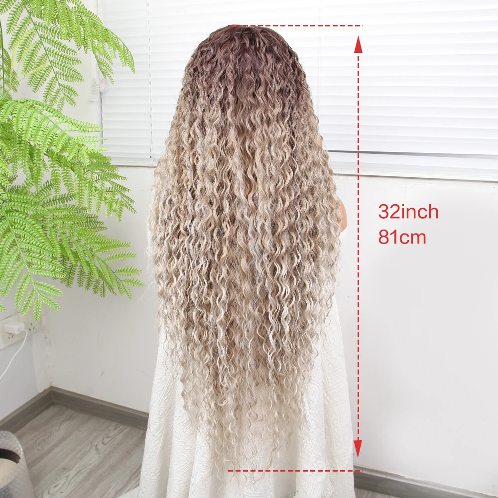 32inch Dark Root Long Curly 13*4.5 Lace Front  Wigs 180 Density Synthetic Wig grey Glamorous Silkywigs Heat Resistant