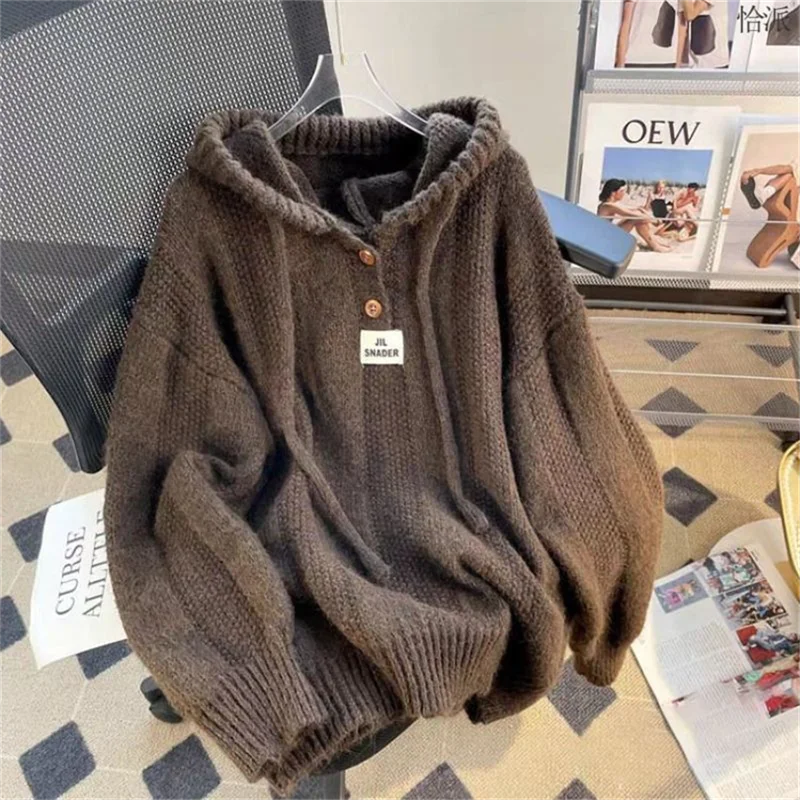 Beige Color Hooded Sweater with Autumn And Winter Korean Loose And Lazy Style Soft And Thick Drawstring Knit Hoodie Top Female