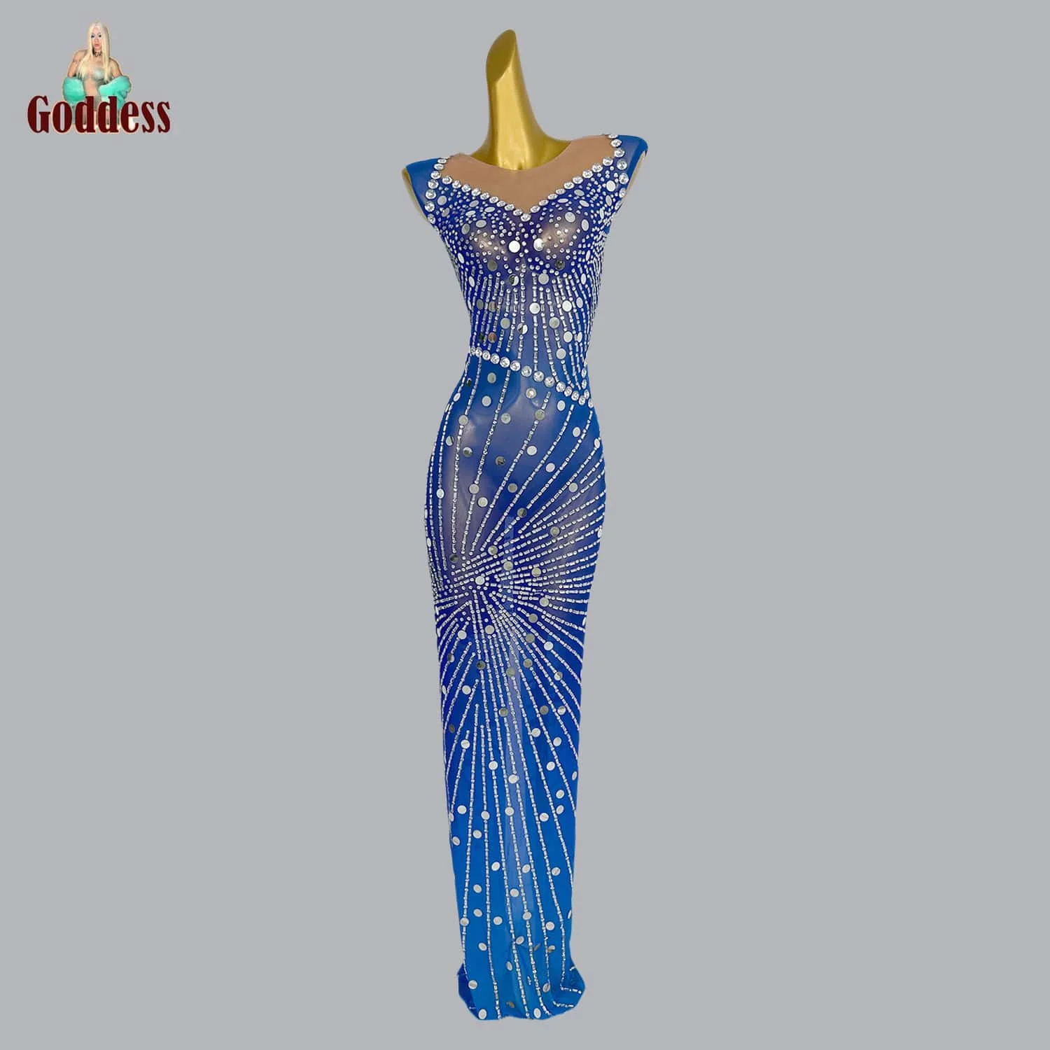 

Beautiful High-End Blue Long Dress Bridal Ball Birthday Party Evening Dress Round Glitter and Sparkling Rhinestone Sexy Dress