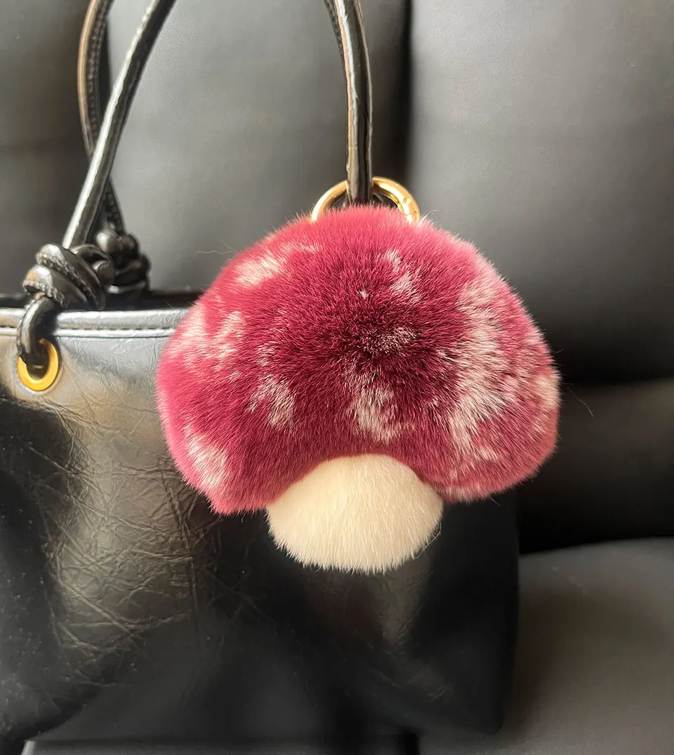 Niedlicher Echter Rex-Kaninchenfell-Pilz-Schlüsselanhänger, Flauschiger Pompon-Autoschlüsselring, Taschenanhänger, Charm im Ins-Stil, Modisches Geschenk für Frauen und Mädchen – Detail 16