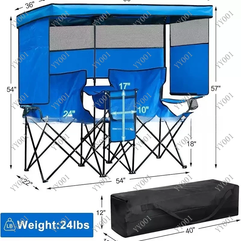 Portable Double Folding Camping Chair with Sunshade & Ice Pack Outdoor Picnic Fishing Seat
