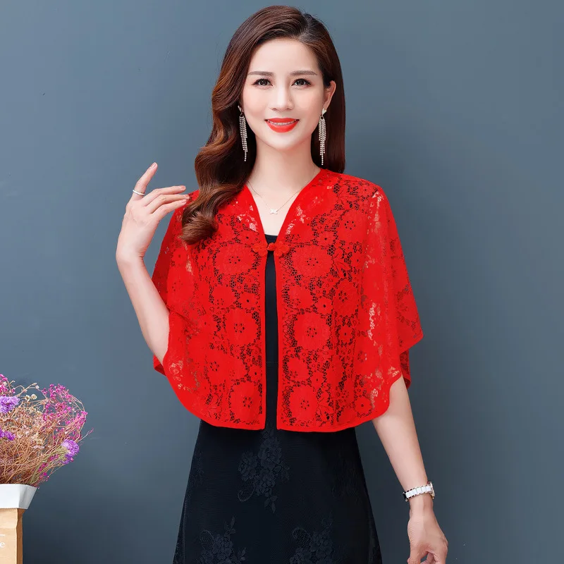 Korean Solid Color Thin Lace Button Coat Sunscreen Shawl Women\'s Summer Soft Hollow Blouse Cardigan Neck Guard Cloak Scarf R10