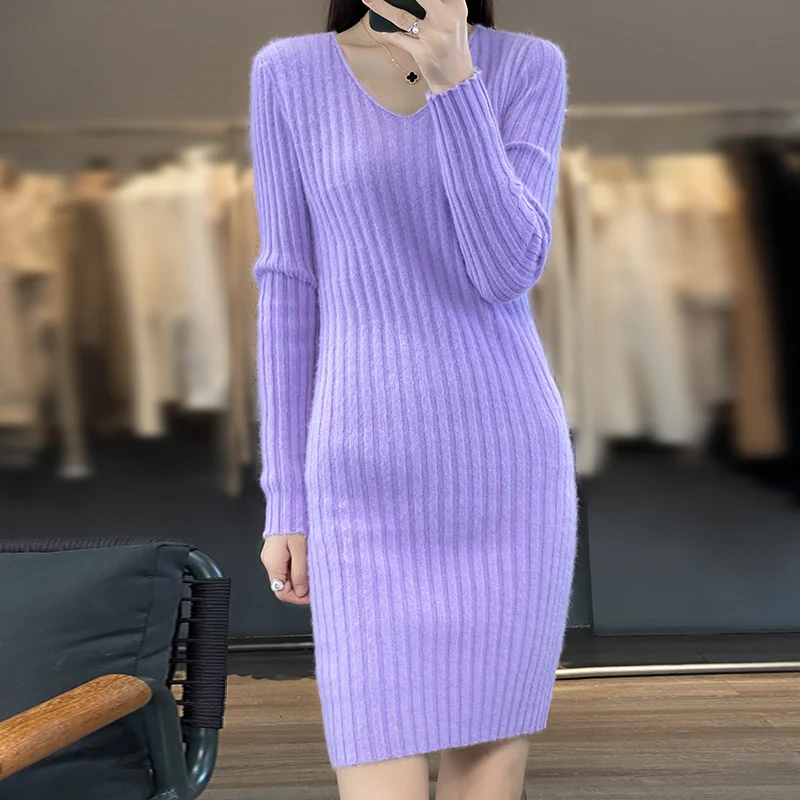 

Mink Cashmere Sweater for Women, V-Neck, Mid-Length, Knit Skirt, High Elasticity, Slim Pullover, Monochromatic,Autumn,Winter y2y