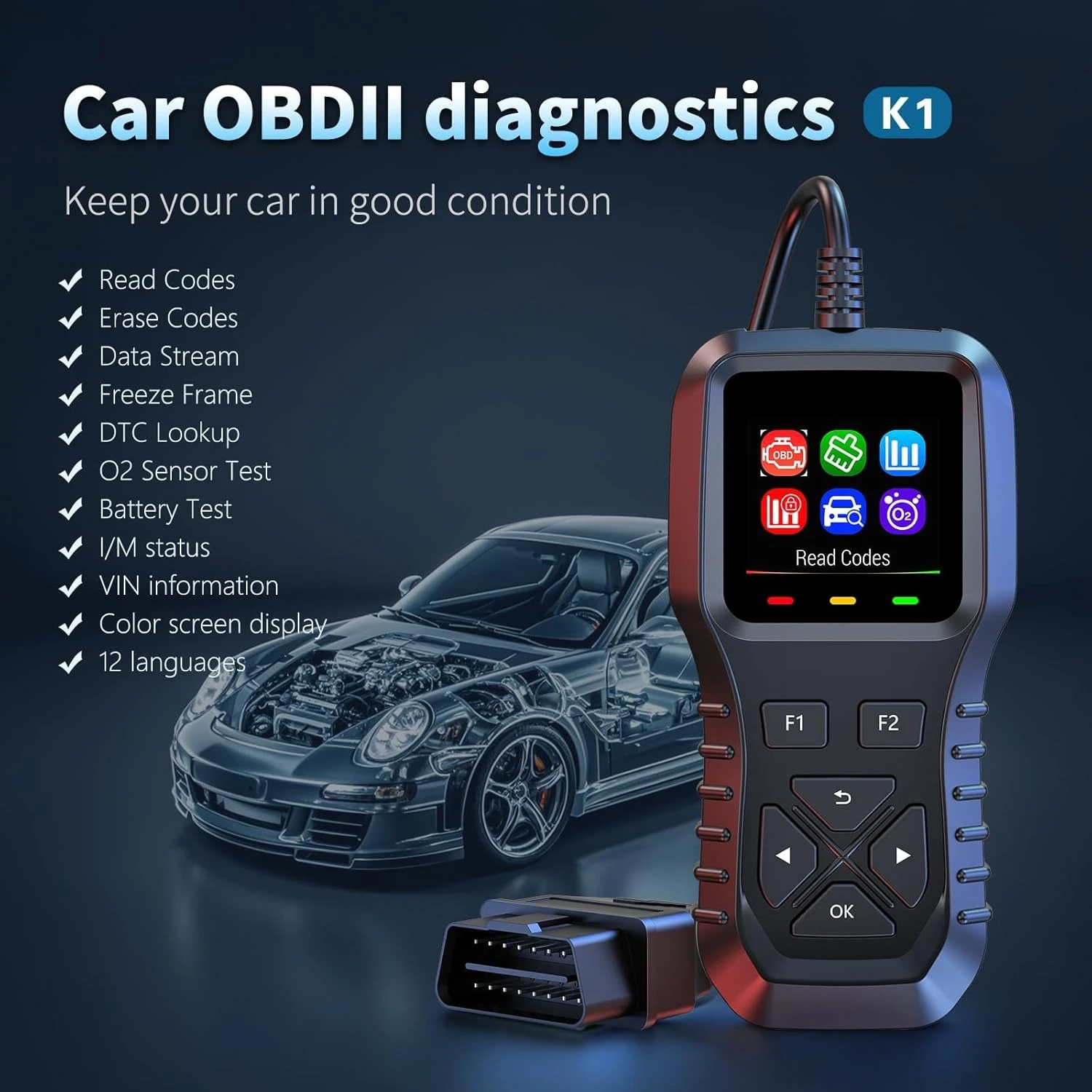 Car Code Reader for Check Engine Light, Freeze Frame with Colour Screen, Multilingual Plug & Play for All OBDII & EOBD Vehicles