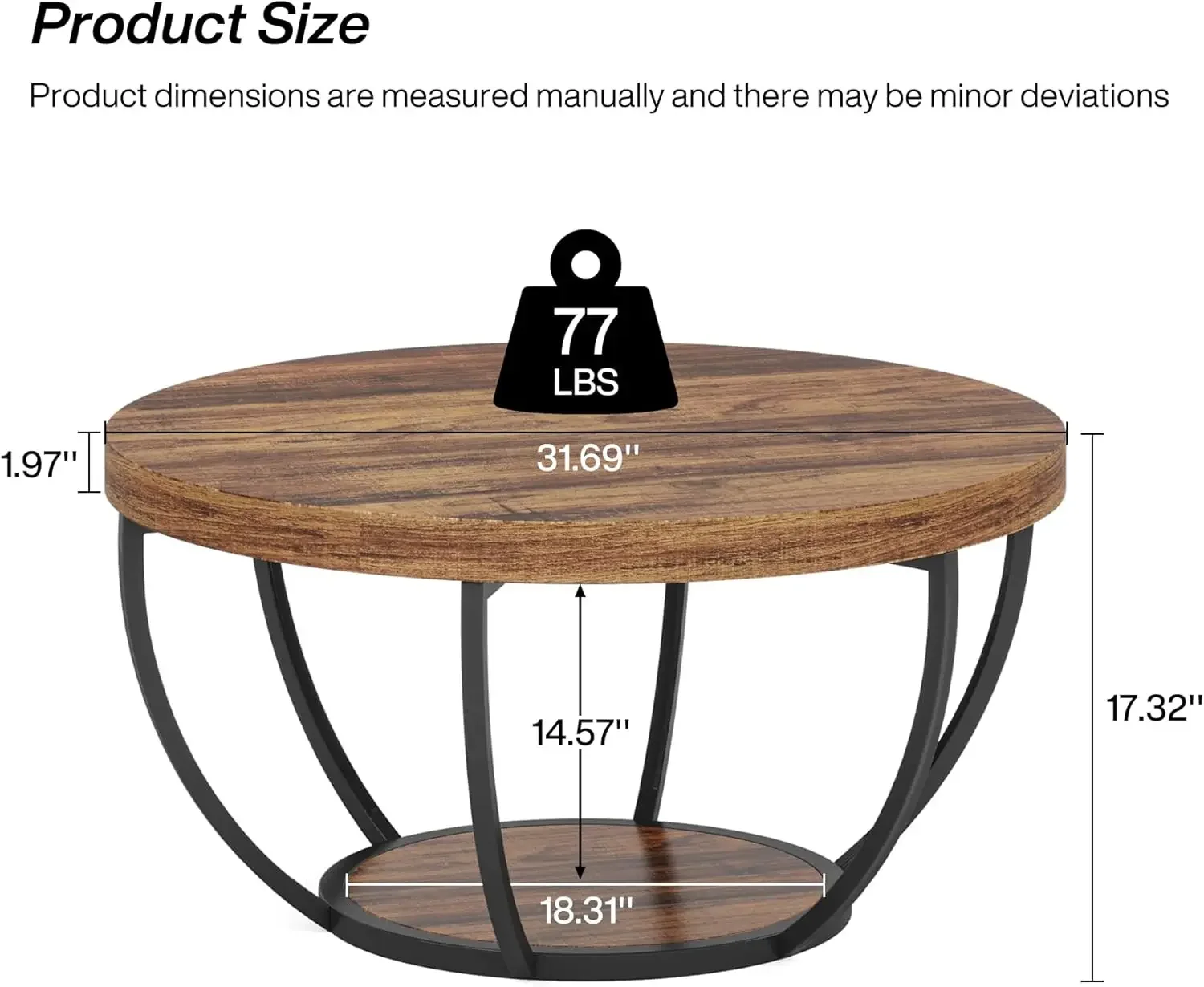 Round Coffee Table, Industrial 2-Tier Circle Coffee Table with Storage Shelves, Modern 31.7