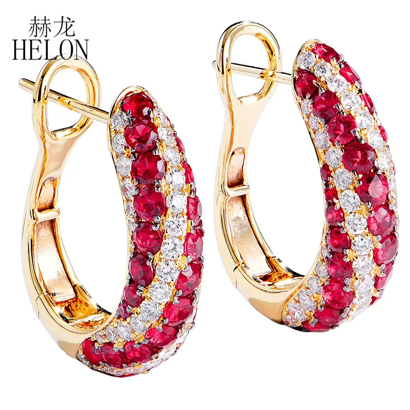 HELON Solid 14k AU585 Yellow Gold SI/H Natural Diamonds Earrings For Women Real Ruby Anniversary Classic Luxury Jewelry Gift