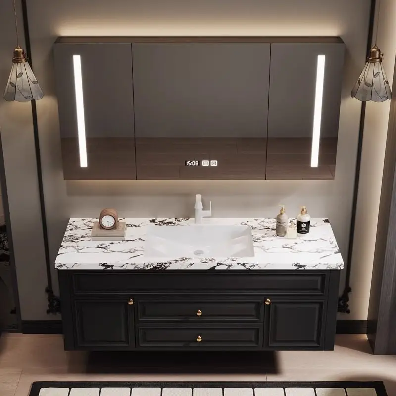 American light luxury rock slab seamless integrated basin bathroom cabinet combination oak sink solid wood paint washing table c