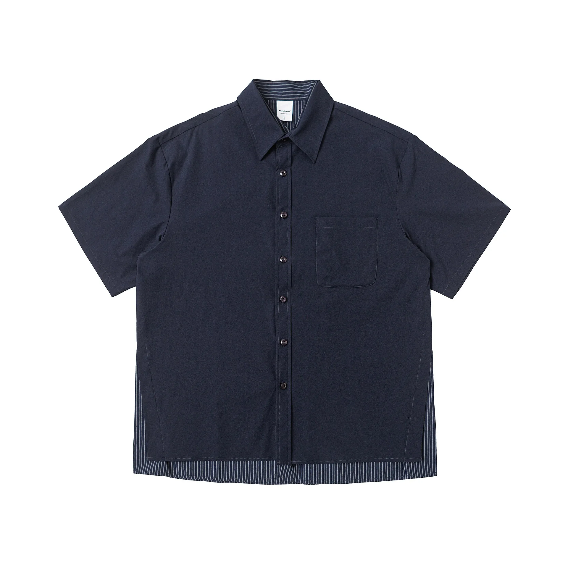 Splice Stripe Short Sleeve Shirt Men Stand Collar Japanese Streetwear Cityboy Loose Casual Oversize Plus Size Cargo Shirts